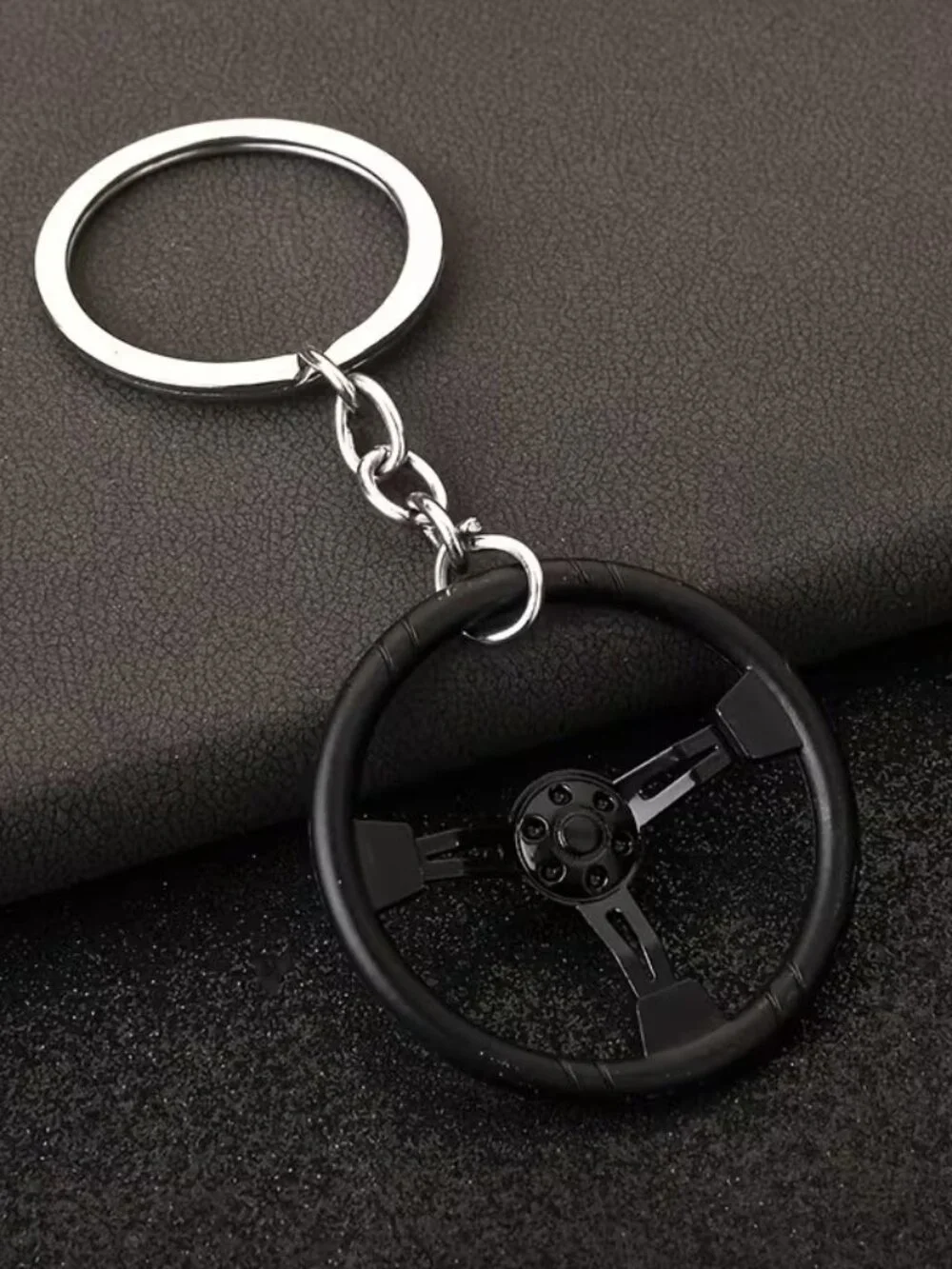 Black 3 Spoke Racing Steering Wheel Keychain Drift Car Key Ring Enthusiast Gift